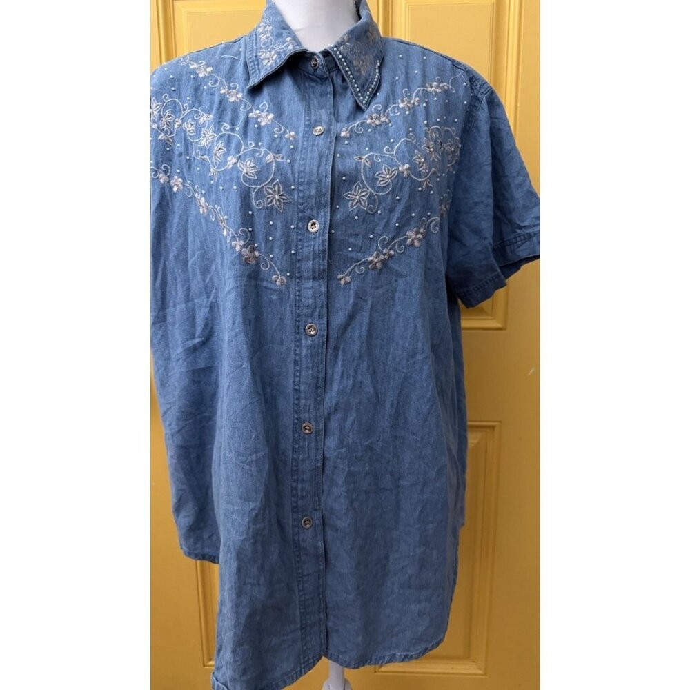 C Z Plus Denim Blouse‎ 14/16 Short Sleeve Beaded Embroidered Collared Western